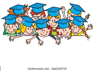 Group of smiling kids with blue caps, funny vector illustration white background