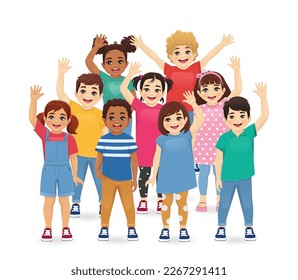 Group of smiling kids boys and girls waving hands isolated vector illustration. Multiethnic little children