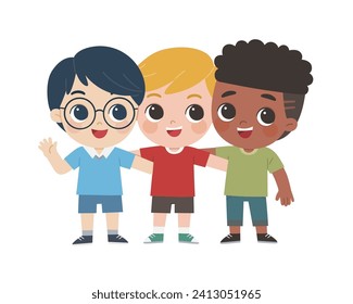 Group of smiling Kids standing and hug together.