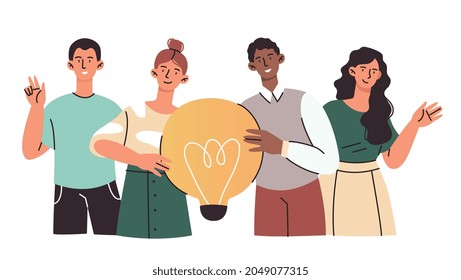 Group of smiling male and female characters are standing and holding a big lightbulb on white background. Concept of new idea search for work. Solutions and knowledge. Flat cartoon vector illustration