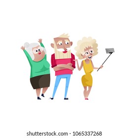Group of smiling mature people doing selfie. Happy old people lifestyle isolated on white background vector illustration.