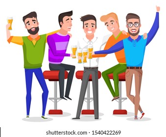 Group of smiling men drinking beer, groom with friends celebrating. Bachelor party indoor, males characters sitting on chairs with malt, holiday vector