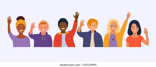 Group Of Smiling Multicultural People Standing Together And Waving Hands. Young Men And Women Cartoon Characters. Vector Illustration In Flat Style