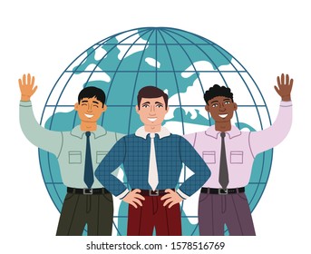Group of smiling multiracial men on the background of the world. Standing men in official clothes. Vector illustarion on the theme of business, cooperation, team