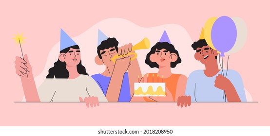 Group of smiling people celebrating birthday or anniversary. Men and women have birthday party with baloons, cake and sparkler. Concept of grand opening, company or team bday, successful deal startup.