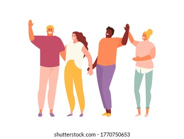 Group of smiling people holding hands. Multicultural and social unity, friendship and support. Vector characters on a white background