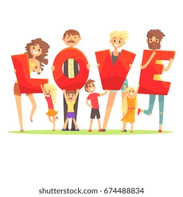 Group of smiling people holding the word Love cartoon colorful vector Illustration