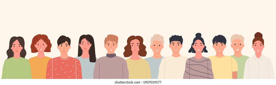 Group of smiling people standing together in line on isolated background. Portrait happy crowd persons. Vector illustration in flat style