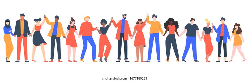 Ryhmä hymyileviä ihmisiä. Nuorten miesten ja naisten joukkue kädestä, hahmot seisovat yhdessä, ystävyys, yhtenäisyyden konsepti vektori kuva. Ryhmä ihmisiä nainen ja mies seisoo