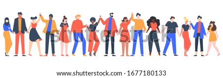 Group of smiling people. Team of young men and women holding hands, characters standing together, friendship, unity concept vector illustration. Group people woman and man standing