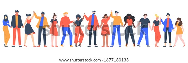 Group\
of smiling people. Team of young men and women holding hands,\
characters standing together, friendship, unity concept vector\
illustration. Group people woman and man\
standing