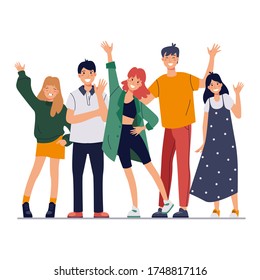 Group Smiling People Waving Hands, Standing Together. Happy Friends, Students Say Hello. Flat Cartoon Vector Illustration.