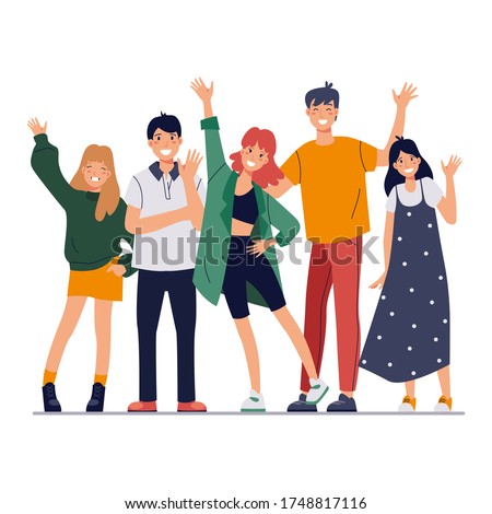 Group smiling people waving hands, standing together. Happy friends, students say hello. Flat cartoon vector illustration.