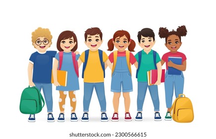 Group of smiling school children boys and girls kids with backpacks hugging together isolated vector illustration