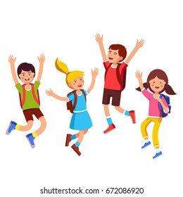 Group of smiling student kids with backpacks jumping up with raised hands gesture. Happy children boys, girls friends celebrating last school day. Flat vector illustration isolated on white background