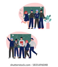 Group of Smiling Students Set, Teenage Boys and Girls in School Uniform Standing and Posing in Front of Blackboard Vector Illustration