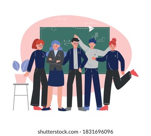 Group of Smiling Students Standing Together in Front of Blackboard Vector Illustration