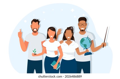 Group of smiling teachers. Black and fair-skinned women and men. Vector illustration in flat style.