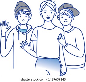 Group of smiling teenage boys, friends standing together, embracing each other, waving hands. Happy students isolated on white background. One colour line art cartoon vector illustration.
