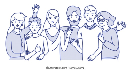 Group of smiling teenage boys and girls or friends standing together, embracing each other, waving hands. Happy students isolated on white background. One colour line art cartoon vector illustration.