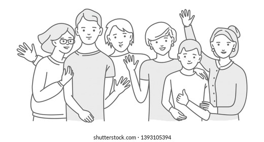 Group of smiling teenage boys and girls or friends standing together, embracing each other, waving hands. Happy students isolated on white background. One colour line art cartoon vector illustration.