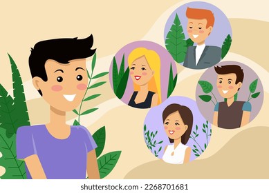 Group of smiling teenage boys and girls or school friends standing together, avatars of cheerful young people. Happy students isolated on background with leaves. Flat cartoon vector illustration