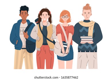 Group of smiling teenage girls and boys with backpacks and books. Happy students in casual clothes. Flat cartoon illustration