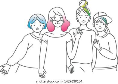 Group of smiling teenage girls, friends standing together, embracing each other, waving hands. Happy students isolated on white background. One colour line art cartoon vector illustration.