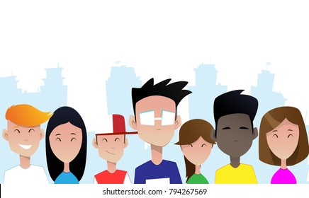 Group of smiling teenagers. Social network Flat vector illustration.