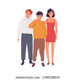Group of smiling teenagers standing together vector flat illustration. Happy girl and guys hugging enjoying friendship isolated on white. Joyful people or students embracing each other