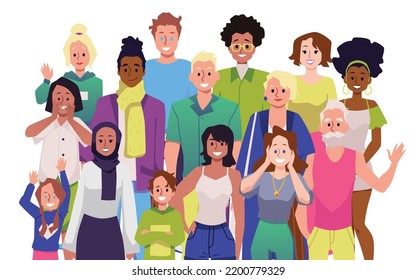 Group Of Smiling And Waving People Of Different Ages And Nationalities Flat Style, Vector Illustration On White Background. Diversity Concept, Different Religion, Kids And Adults