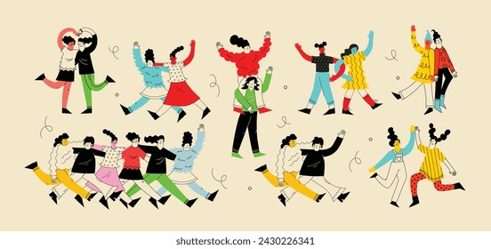 Group of smiling woman enjoying friendship, support and cooperation isolated. Funny people demonstrate gesture of unity. Happy diverse female friends together vector flat illustration.