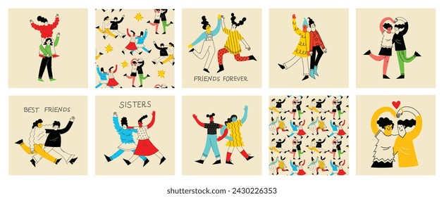 Group of smiling woman enjoying friendship, support and cooperation isolated. Funny people demonstrate gesture of unity. Happy diverse female friends together vector flat illustration.