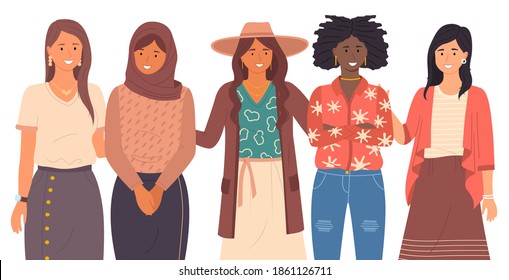 Group of smiling women of different nationalities close-up. European, Muslim, Hispanic, Black, Asian women. International cooperation and peace. Female Interracial Community. Flat image isolated