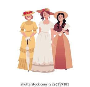 Group of smiling women wearing classic Victorian era dresses, flat vector illustration isolated on white background. Elegant ladies in Victorian style costumes with umbrella and hand fan.