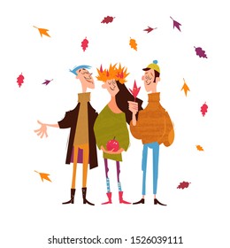 Group of smiling young men in autumn clothes stands under the falling leaves. Autumn seasonal illustration with characters on white background