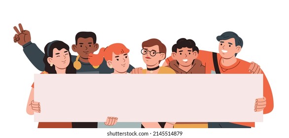 Group of smiling young men and women holding blank banner. Happy people standing together. Male and female protesters or activists. Hand drawn vector  flat cartoon style illustration. 