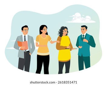 A group of smiling young men and women. Gathered and chatting together outdoors. Flat vector illustration.