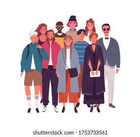 Group of smiling young multinational man and woman vector flat illustration. Crowd of happy diverse people standing together isolated on white. Modern multicultural society or population