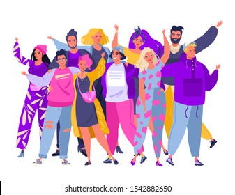Group of smiling young people or student  standing together, embracing each other, waving hands. Portrait of cute joyful friends. Happy flat cartoon people characters isolated on white background. 