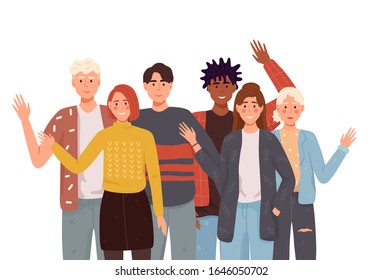 Group of smiling young people or student standing together, embracing each other, waving hands. Happy flat cartoon people characters isolated on white background.