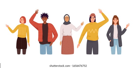 Group of smiling young people or student standing together, embracing each other, waving hands. Happy flat cartoon people characters isolated on white background.