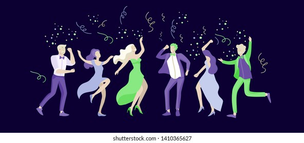 Group smiling young people students in evening dresses   tuxedos  happy Jumping   dansing  Prom party  prom night invitation  promenade school dance concept  Vector illustration concept