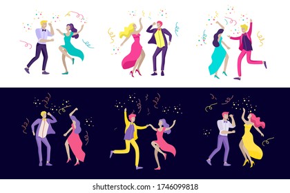 Group smiling young people students in evening dresses   tuxedos  happy Jumping   dansing  Prom party  prom night invitation  promenade school dance concept  Vector illustration concept