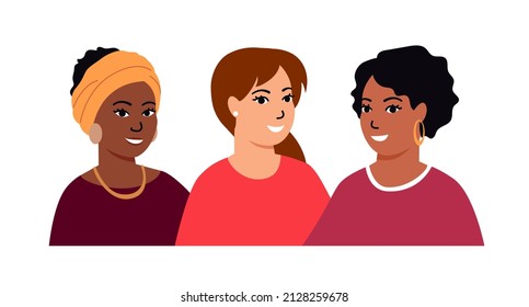 Group of smiling young women of different nationalities and cultures. Feminism, sisterhood concept,  female friendship. Happy international women's day. Isolated vector illustration in flat style.