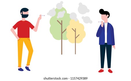 Group of smoking people. Teenager boy and man smoke cigarettes. Concept of smoking lifestyle and bad habits flat style design vector illustration isolated on white background with trees