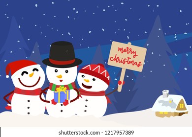 group of snow man hold a gift box and merry christmas sign tag in the christmas eve night in snowy village background. Concept of greeting card christmas and new year season in vector illustration