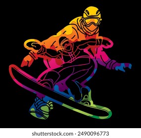 Group of Snowboard Players Mix Action Snowboarder Extreme Sport Cartoon Graphic Vector