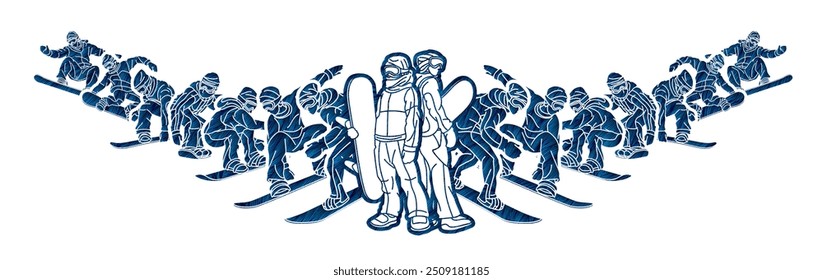 Group of Snowboard Players Snowboarder Mix Action Cartoon Sport Graphic Vector