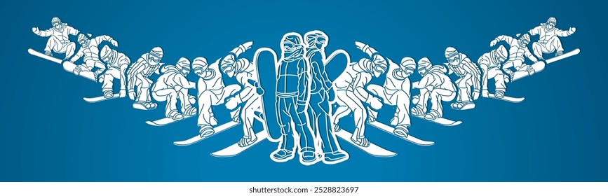 Group of Snowboard Players Snowboarder Mix Action Cartoon Graphic Vector
